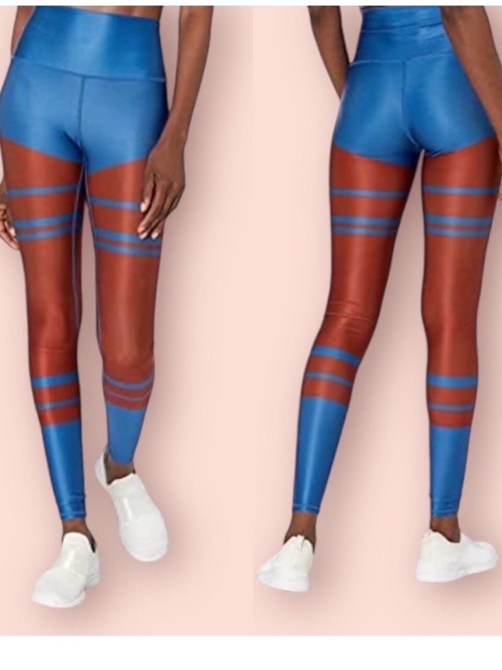Alo Yoga High-Waist Airlift leggings in a red and blue marathon print design XS